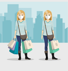 Blonde Hair Woman With Shopping Bags And Mask