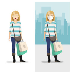 Blonde Hair Woman With Shopping Bags With Mask