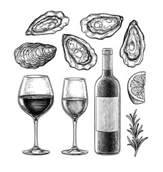 Ink Sketch Set Wine And Oysters