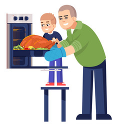 Dad And Son Baking Whole Chicken Semi Flat Rgb