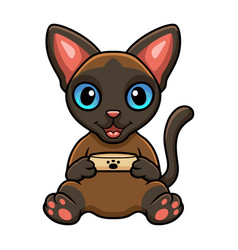 Cute Tonkinese Cat Cartoon Holding Food Bowl