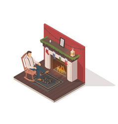 Isometric Christmas Fireplace Room Rocking Chair