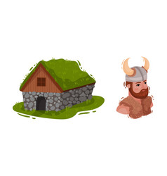 Iceland Symbols With Turf House And Man In Viking