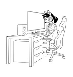 Asian Girl Gamer Or Streamer With A Headset Sits