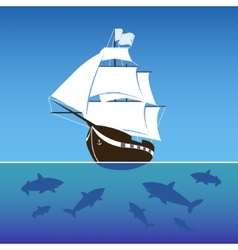 Sailing Ship Surrounded By Sharks In The Sea