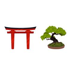 Japan Symbols With Red Torii Gate And Bonsai Tree