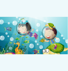 Underwater Scene With Happy Kids Scuba Diving