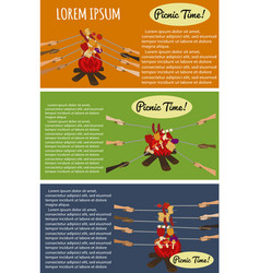 Picnic Poster Set With Human Hands Around Campfire