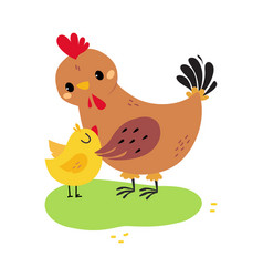 Cute Mom Hen Hugging Her Chicken Cartoon