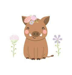 Cute Funny Wild Boar Field Flowers Isolated