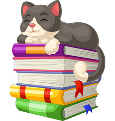 Cute Cat Cartoon Sleeping On Pile Of Books