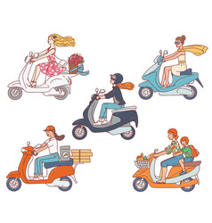 Set Women Characters Riding Scooter Motorcycle