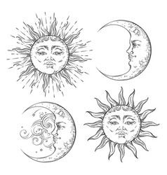 Boho chic flash tattoo design sun and moon set Vector Image