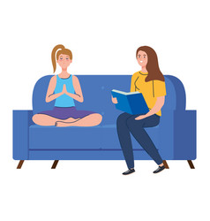 Women Sitting On Couch Meditating And Reading