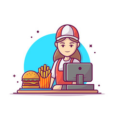 Girl Cashier With Fast Food Cartoon