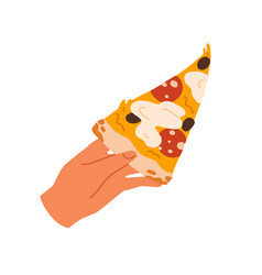 Hand Holding Pizza Slice Taking Italian Fast Food