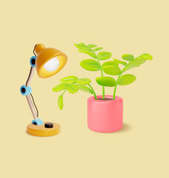 3d Table Lamp And Home Plant In Pot Cartoon Style