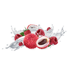 Lychee And Raspberries In A Yogurt Or Milk Splash