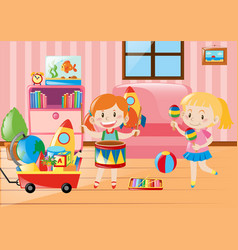 Two Girls Playing In Living Room Full Of Toys