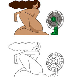 A Tanned Naked Girl Sits By Working Fan