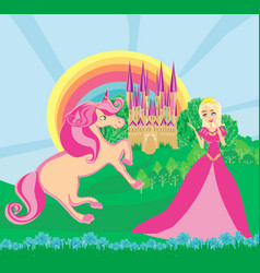 Pink Unicorn And Beautiful Queen In Front Of Her