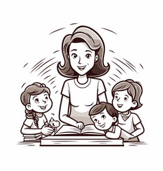 Mother And Children Reading A Book Of Happy