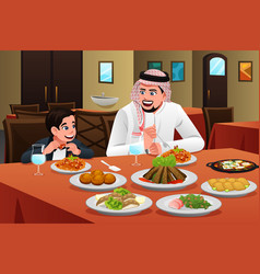 Muslim Arabian Man Eating With His Son