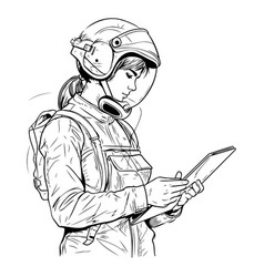 Sketch Of A Man In Helmet And With Tablet