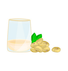 Glass Of Soy Milk And Soybeans With Green Leaf