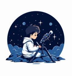 Boy Looking Through A Telescope In The Night Sky