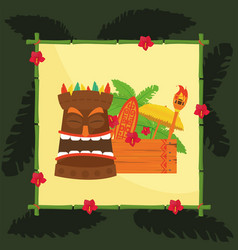 Tiki Cartoon With Wood Banner And Torch In Frame