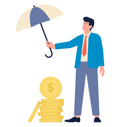 Man Protecting Golden Coins From Rain Money