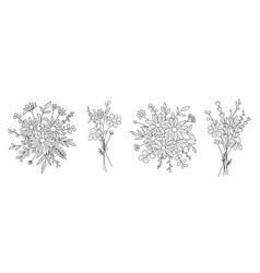 Set Of Bouquet With Daisy Flowers Line Art