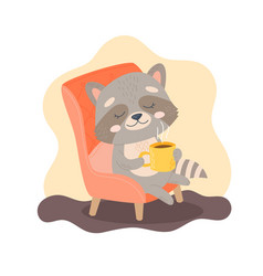 Raccoon Sitting In Armchair With Cup Of Hot Coffee