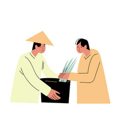 Two Asian Men Farmers In Special Costumes Picking