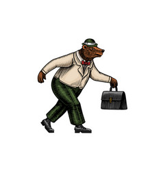 A Bear Man In Suit Hat And Carrying Case Runs