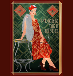 Diamonds Casino Poker Card With Girl Art Deco Sty