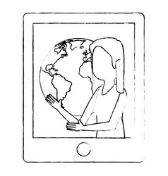 Woman Teaching In Tablet And World Planet