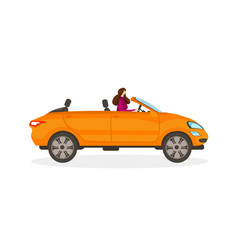 Girl In Red Dress Driving Orange Convertible Car