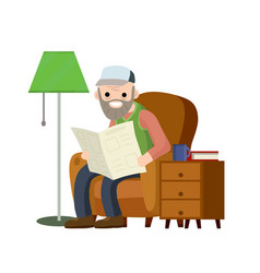 Old Man Sits In Brown Chair And Read Newspaper