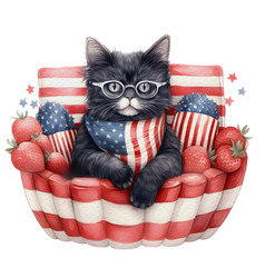 Watercolor 4th Of July Patriotic Black Cat Clipart