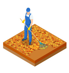 Isometric Man Cleaning Fallen Autumn Leaves