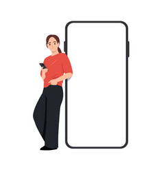 Happy Woman Leaning On Big Giant Smartphone