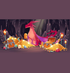 Cave With Red Dragon Gold Coins And Treasure