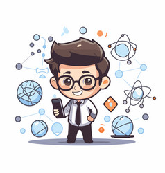 Cartoon Boy Holding Smart Phone With Science