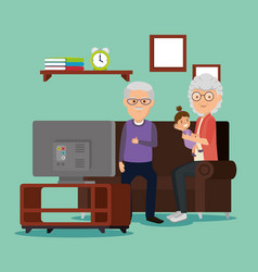 Grandparents Couple With Baby In The Living Room