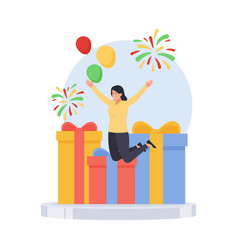 Woman Jump Happy For Gifts Metaphor Of New Year