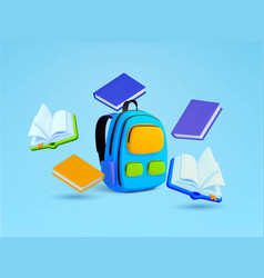 3d School Backpack Or Bag With Opened Books Around