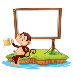 Drunk Monkey With Blank Board On White Background