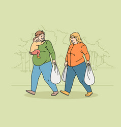 Obese Family With Kid Buying Food Carrying Bags